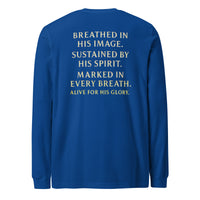 My Breath Bears His Name Long Sleeve T-Shirt True Royal flat lay back mockup with word stack design