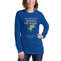 Female model wearing My Breath Bears His Name Long Sleeve T-Shirt in True Royal, front glowing breath silhouette design