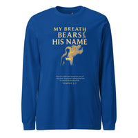 My Breath Bears His Name Long Sleeve T-Shirt True Royal flat lay front mockup with glowing breath silhouette design