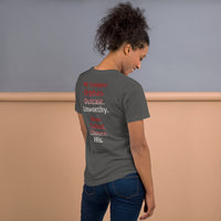 Female model wearing Renamed T-Shirt in Asphalt, back word stack design