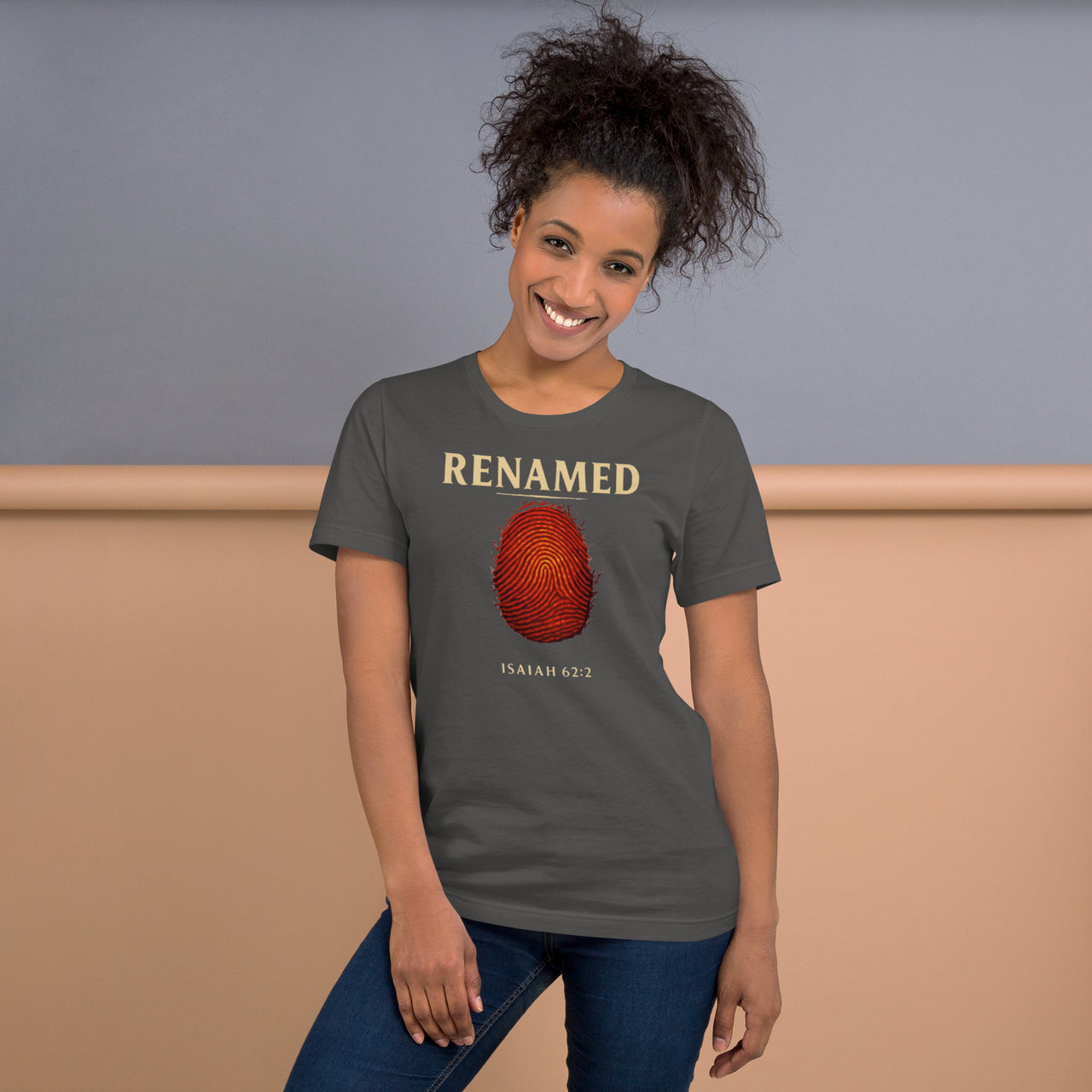 Female model wearing Renamed T-Shirt in Asphalt, front fingerprint design