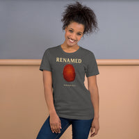 Female model wearing Renamed T-Shirt in Asphalt, front fingerprint design