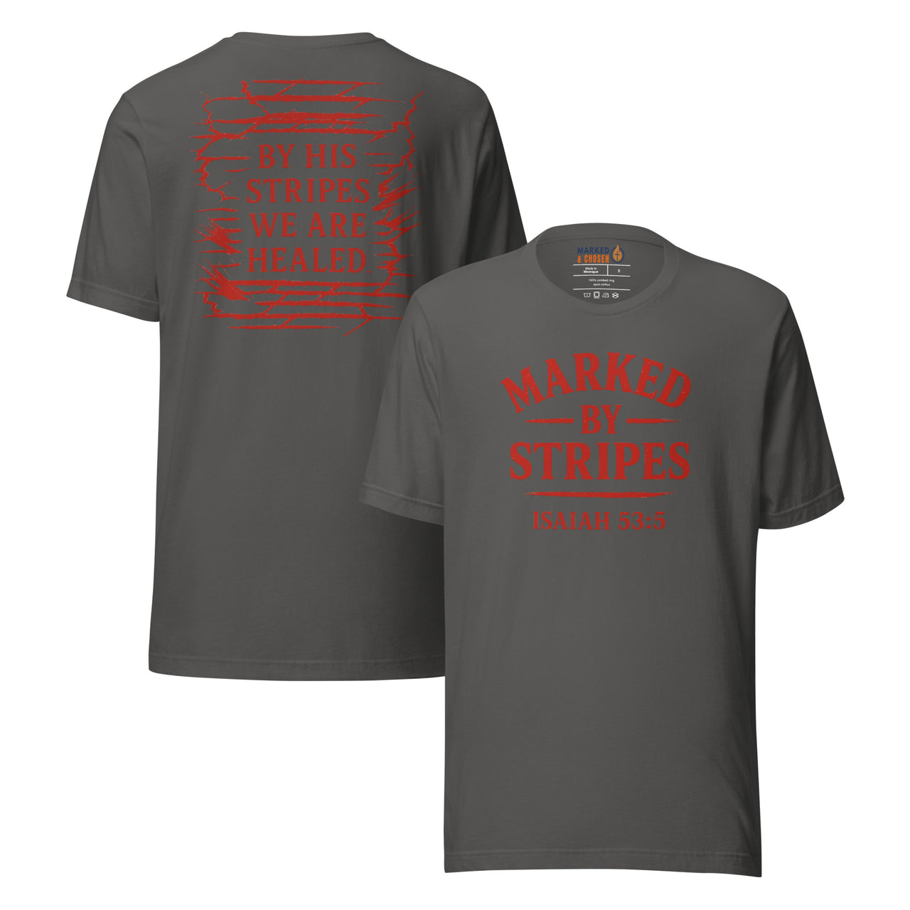 Asphalt Christian t-shirt – bold red front design and Isaiah 53:5 back statement