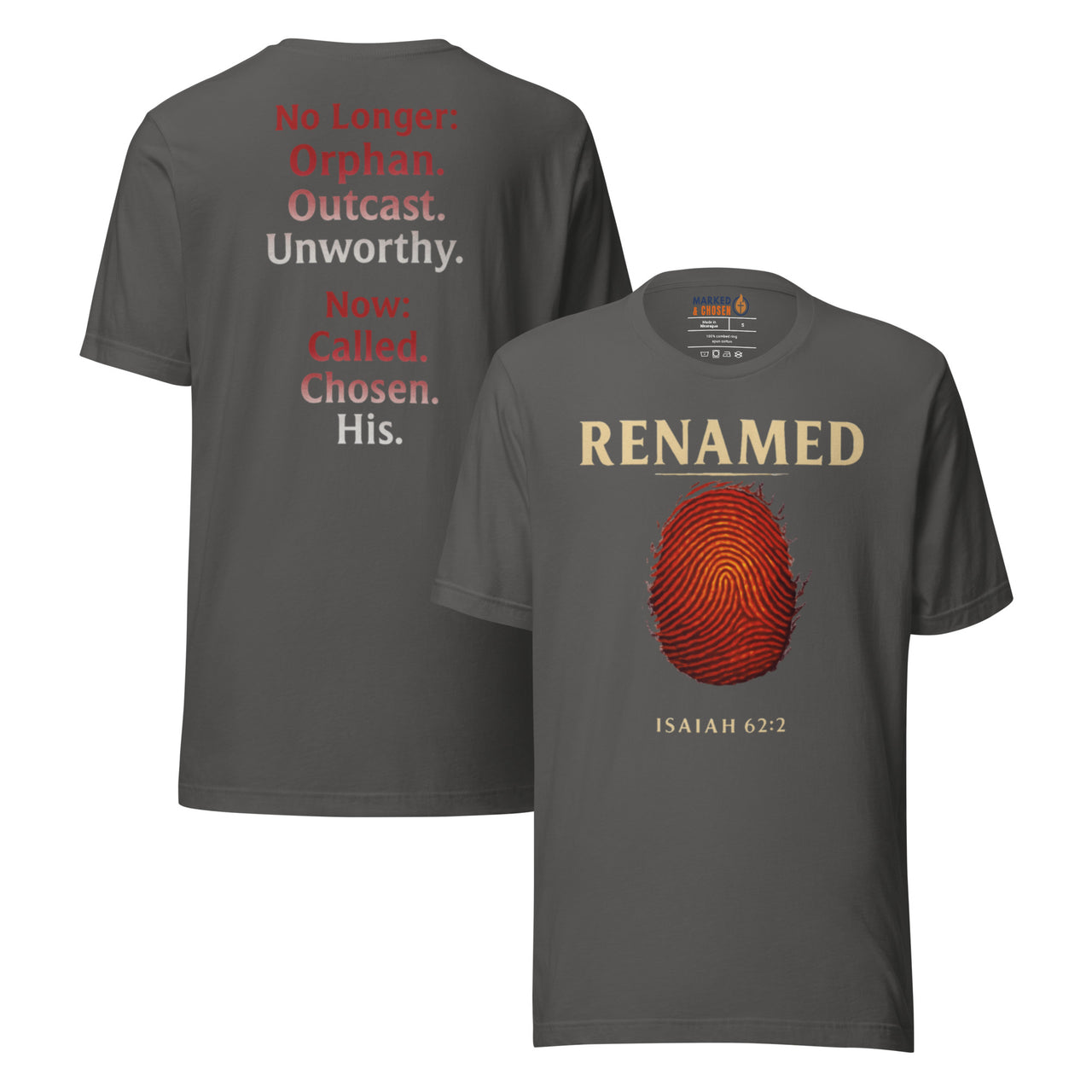 Renamed T-Shirt Asphalt flat lay mockup showing front and back fingerprint and word stack design