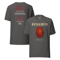 Renamed T-Shirt Asphalt flat lay mockup showing front and back fingerprint and word stack design