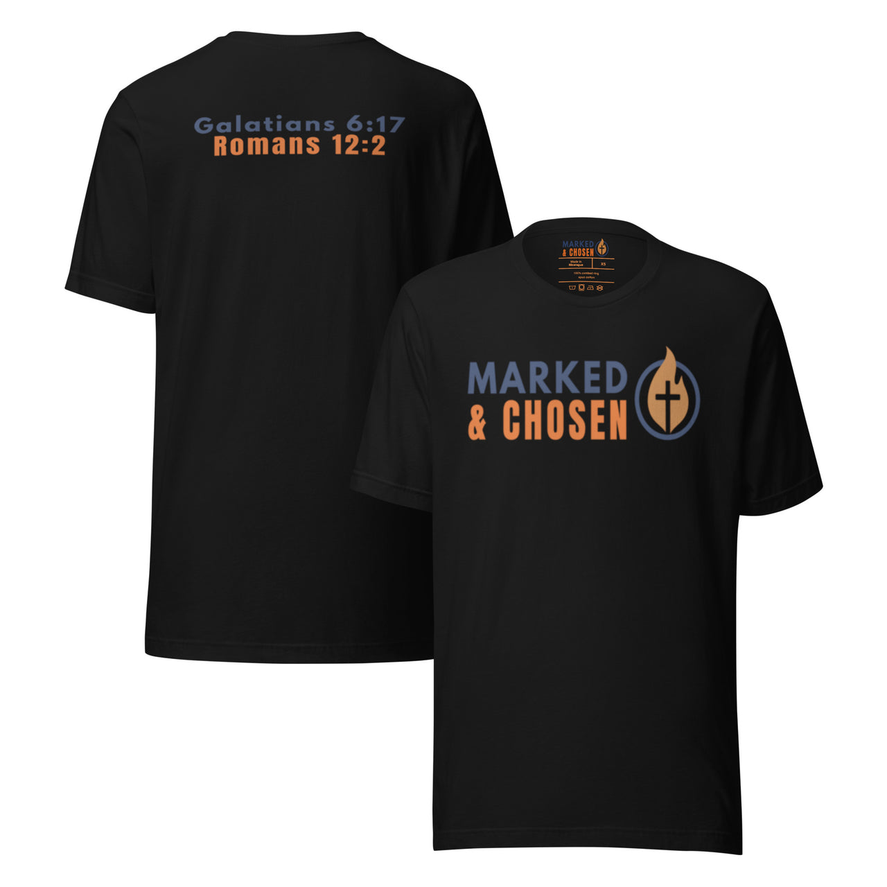 Marked & Chosen black Christian t-shirt – bold front logo and scripture back design in soft cotton