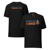 Marked & Chosen black Christian t-shirt – bold front logo and scripture back design in soft cotton