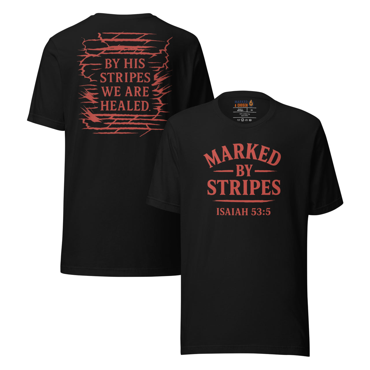 Marked by Stripes black Christian t-shirt – red front logo and Isaiah 53:5 back design