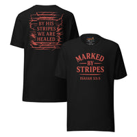 Marked by Stripes black Christian t-shirt – red front logo and Isaiah 53:5 back design
