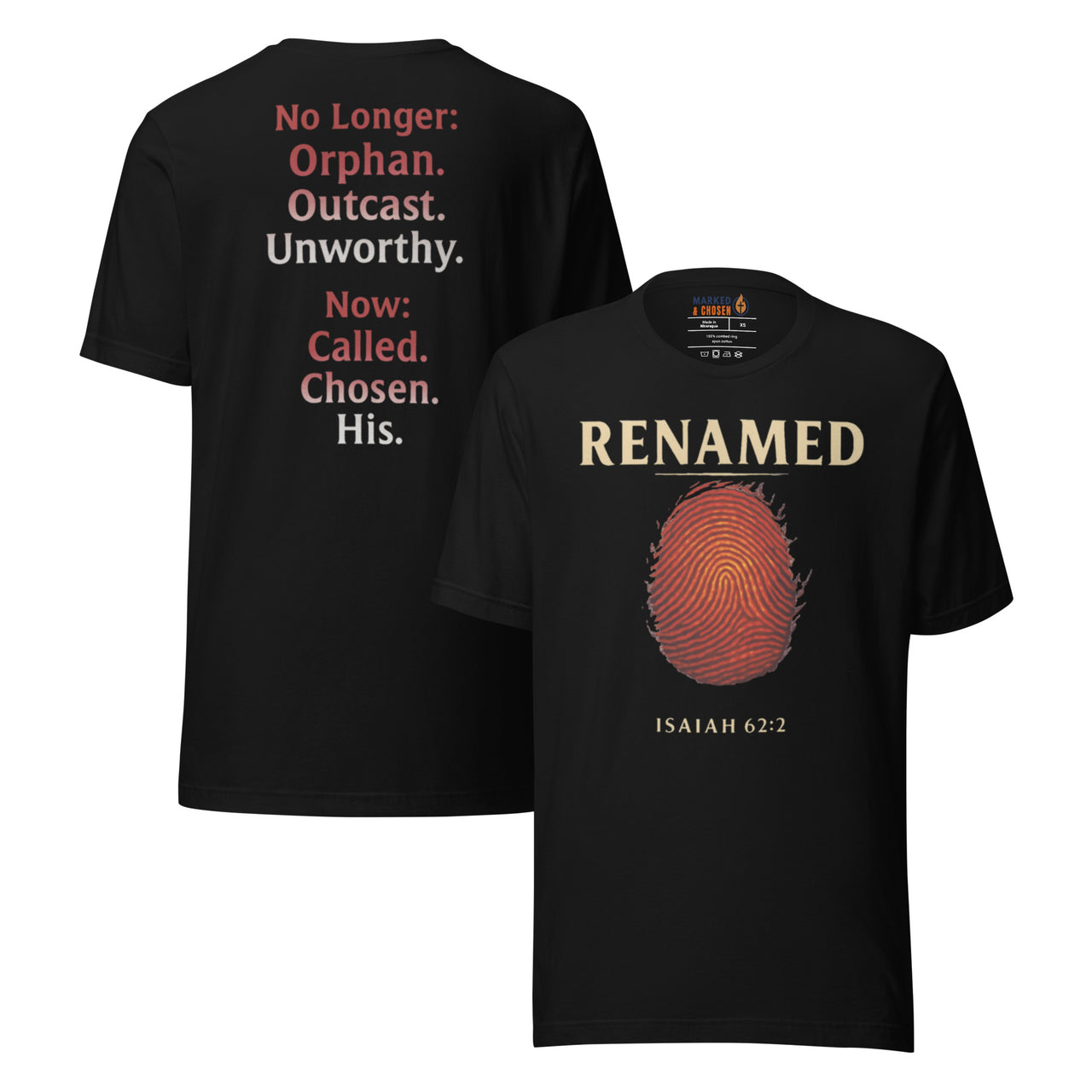 Renamed T-Shirt Black flat lay mockup showing front and back fingerprint and word stack design