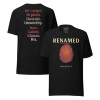 Renamed T-Shirt Black flat lay mockup showing front and back fingerprint and word stack design