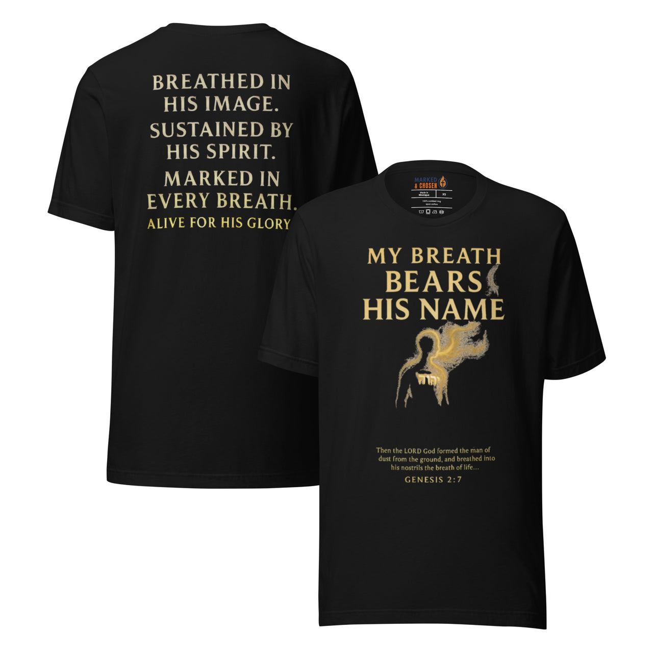 My Breath Bears His Name T-Shirt Black flat lay mockup showing front and back design