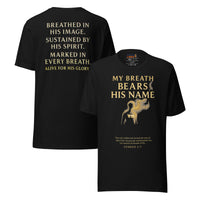 My Breath Bears His Name T-Shirt Black flat lay mockup showing front and back design