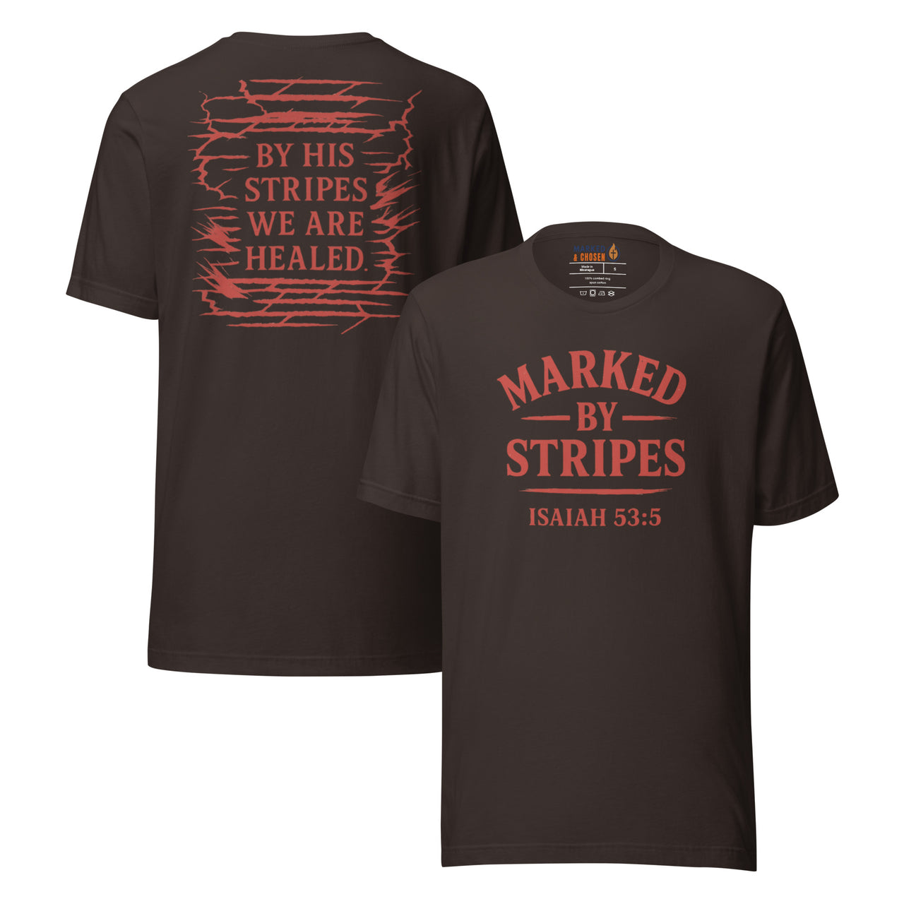 Brown gospel t-shirt – red Marked by Stripes front and back scripture design
