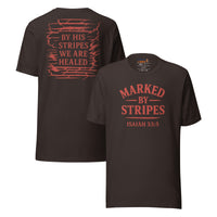 Brown gospel t-shirt – red Marked by Stripes front and back scripture design