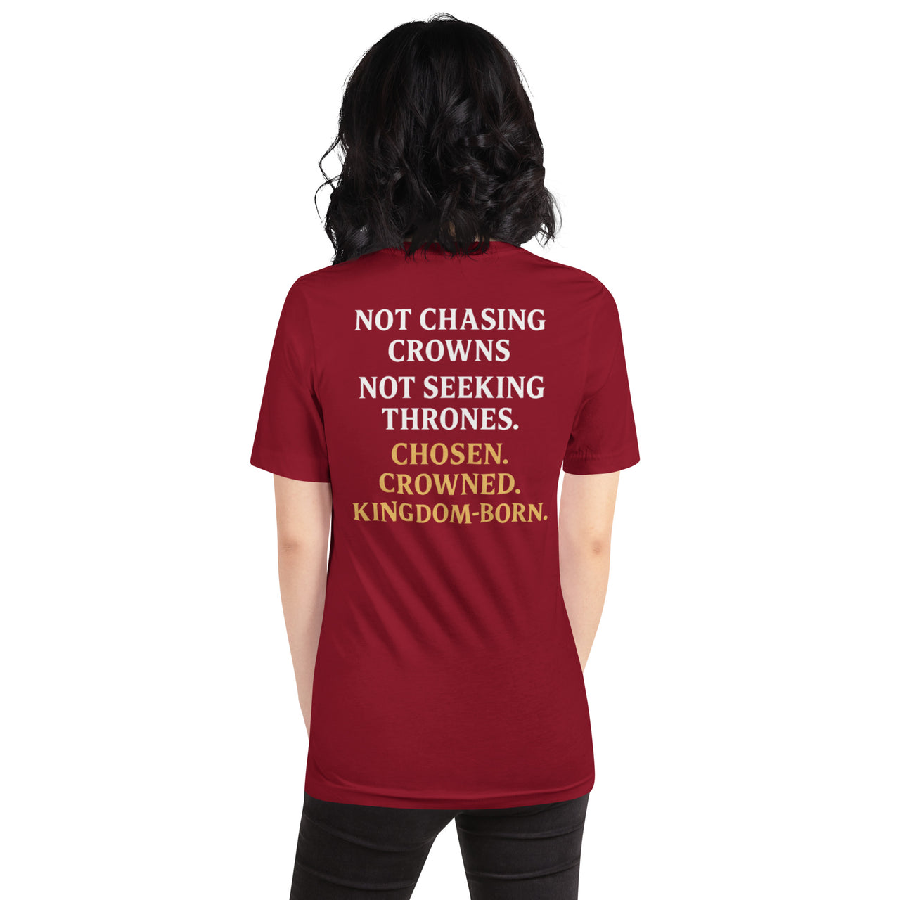 Female model wearing cardinal shirt – red gospel word stack on back declaring royal calling