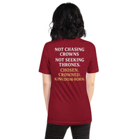 Female model wearing cardinal shirt – red gospel word stack on back declaring royal calling