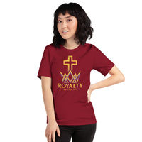 Woman in cardinal red Royalty shirt – bold Christian front graphic