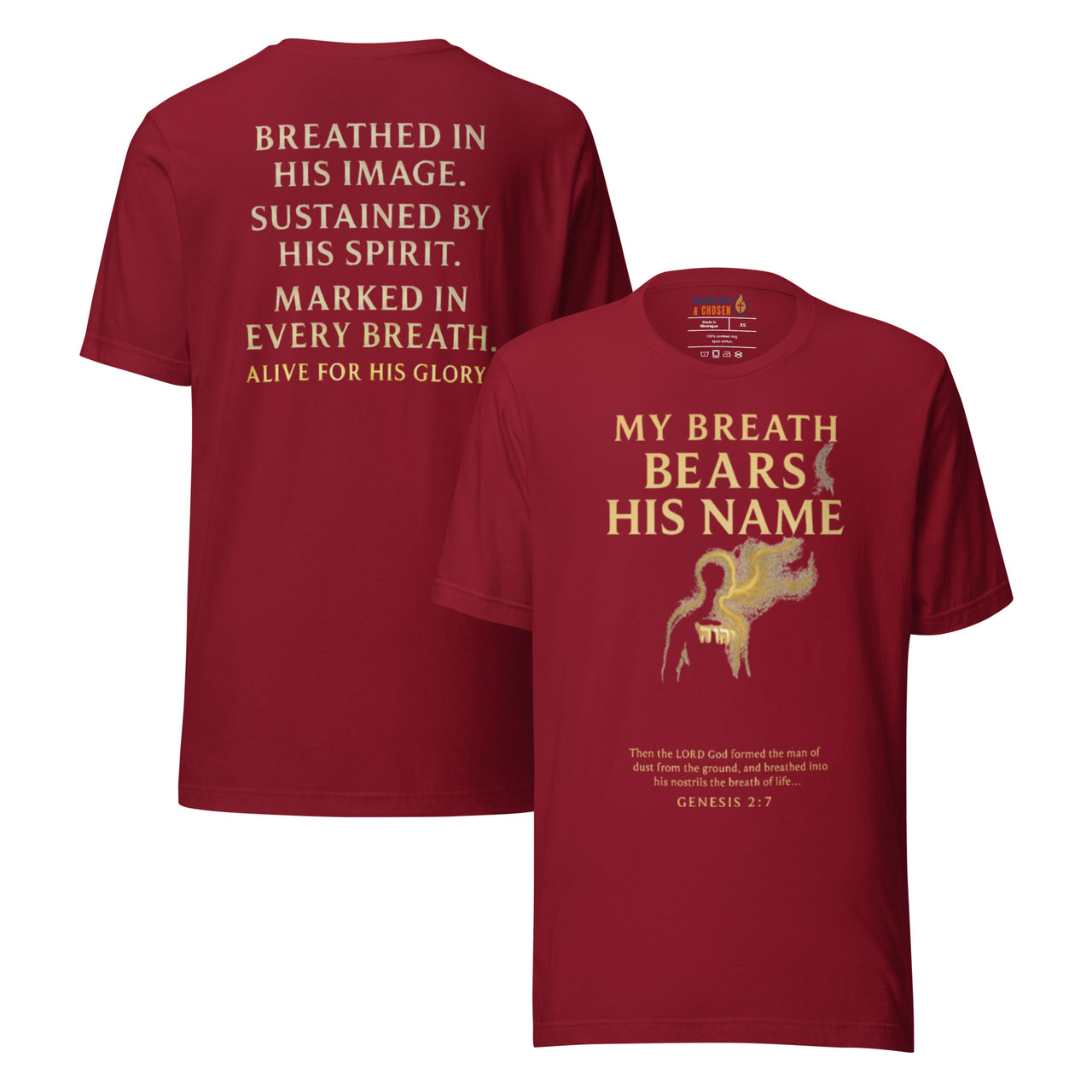 My Breath Bears His Name T-Shirt Cardinal flat lay mockup showing front and back design