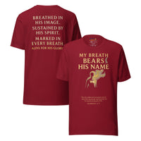 My Breath Bears His Name T-Shirt Cardinal flat lay mockup showing front and back design