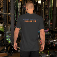 Man in dark gray scripture shirt – bold Christian verses printed on back