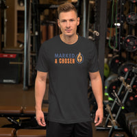 Man wearing dark gray gospel t-shirt – clean Christian logo front