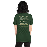 Female model wearing My Breath Bears His Name T-Shirt in Forest, back word stack design
