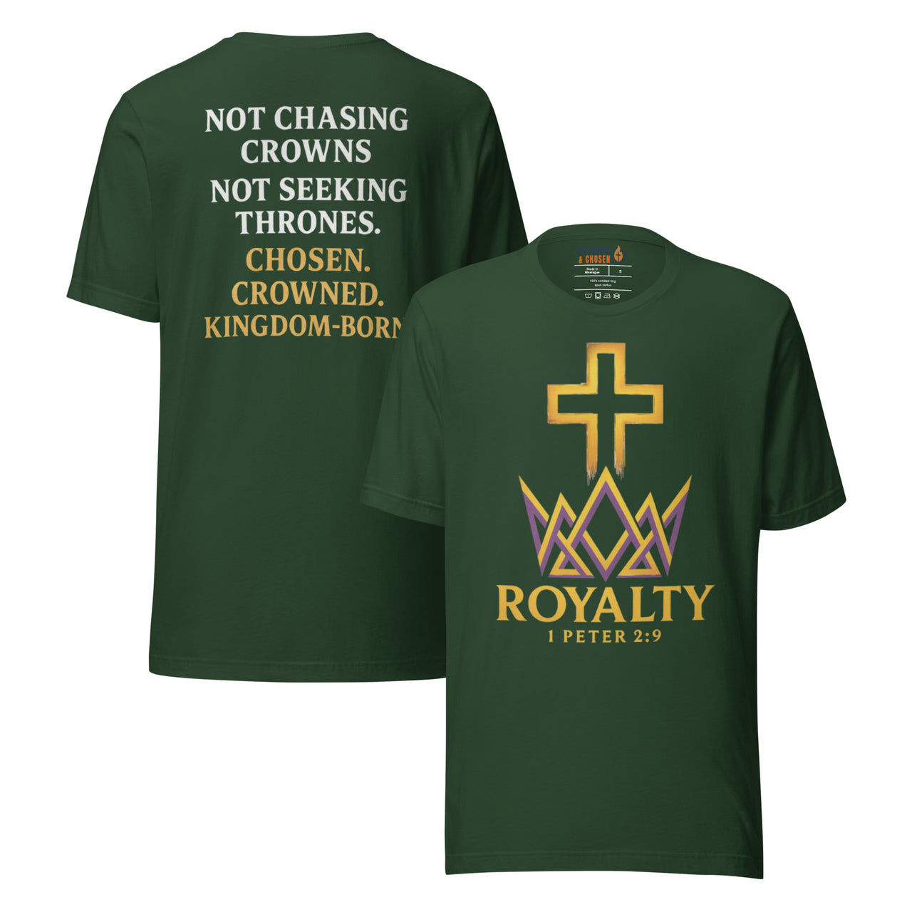 Forest green Christian t-shirt – Kingdom front logo and bold back statement on divine identity