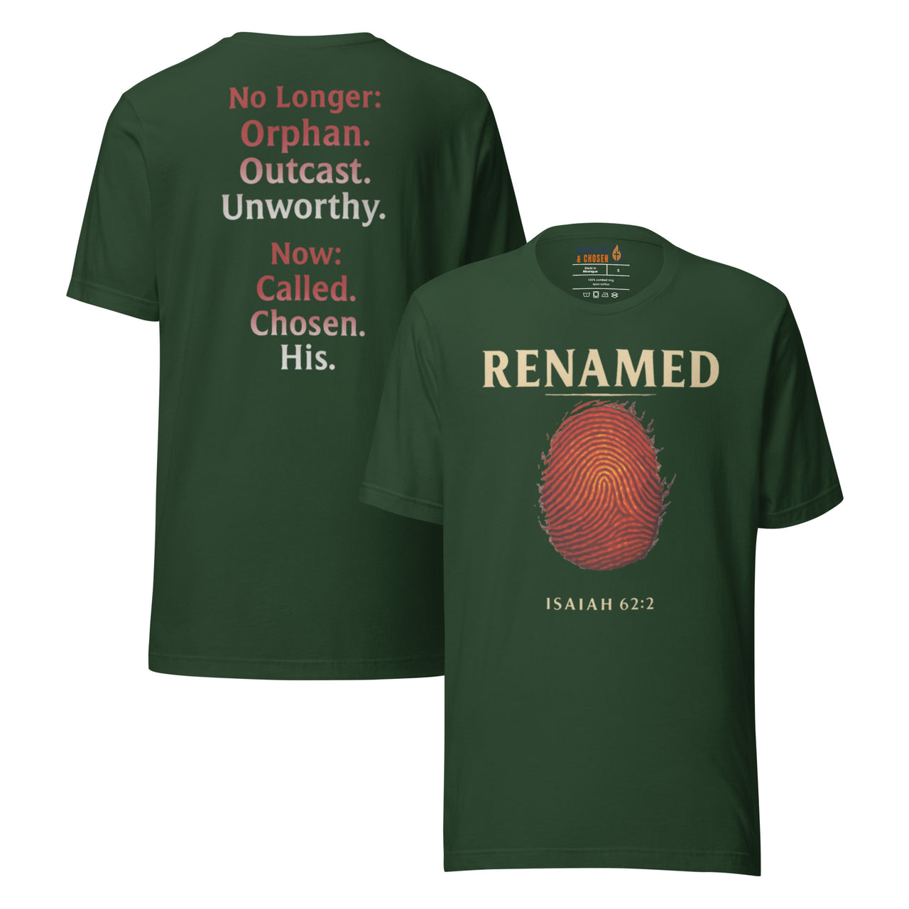 Renamed T-Shirt Forest flat lay mockup showing front and back fingerprint and word stack design