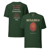 Renamed T-Shirt Forest flat lay mockup showing front and back fingerprint and word stack design