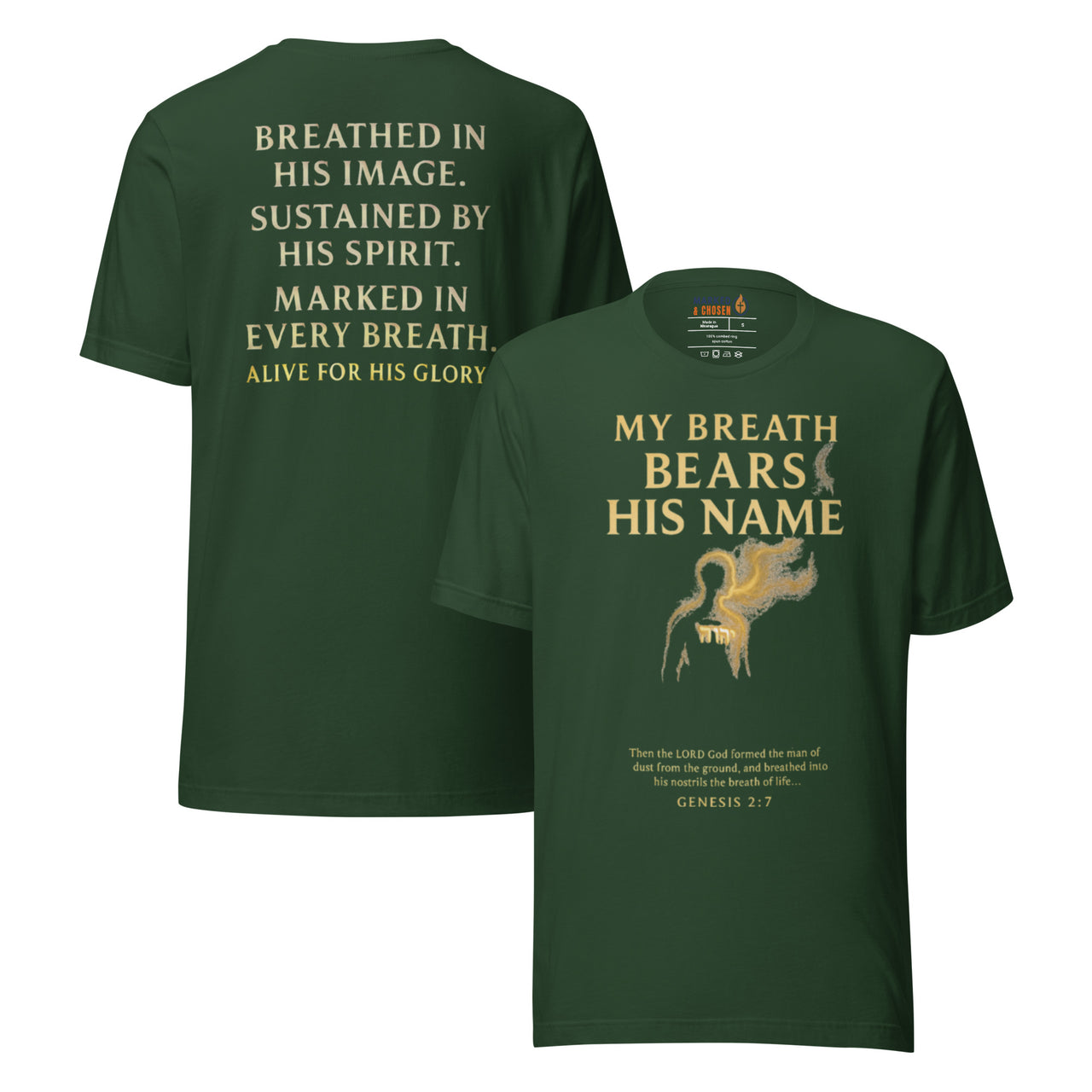 My Breath Bears His Name T-Shirt Forest flat lay mockup showing front and back design