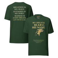 My Breath Bears His Name T-Shirt Forest flat lay mockup showing front and back design