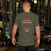 Male model wearing Renamed T-Shirt in Military Green, back word stack design