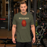 Male model wearing Renamed T-Shirt in Military Green, front fingerprint design