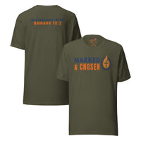 Marked & Chosen military green t-shirt – bold logo and scripture combo for spiritual warriors