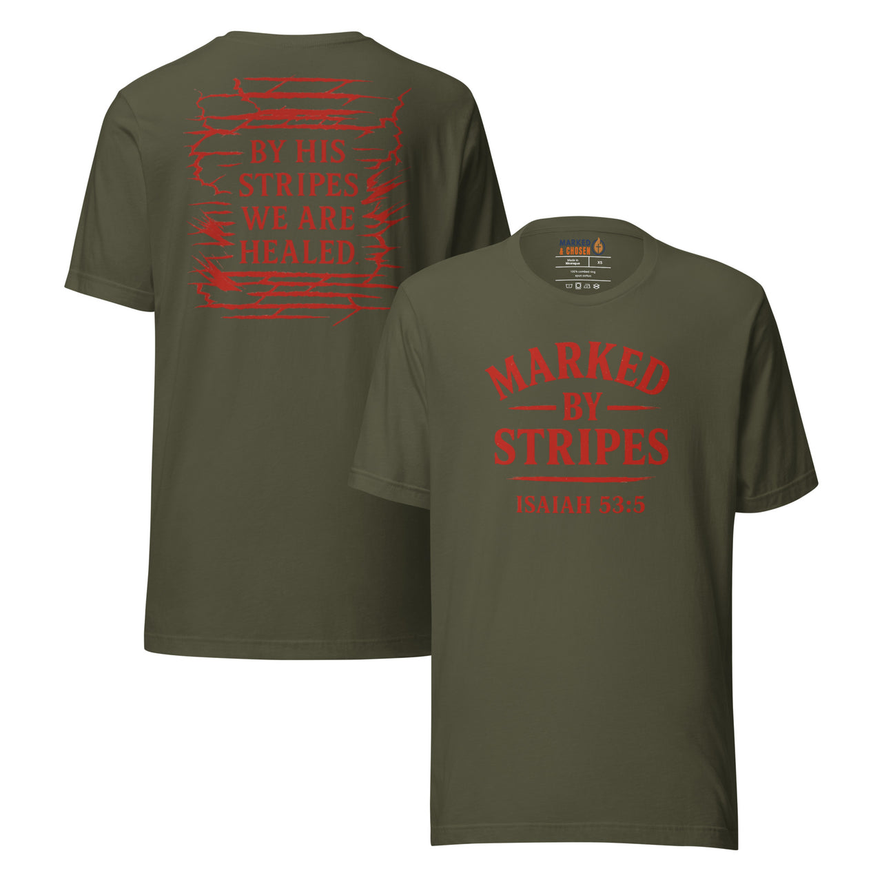 Military green Christian shirt – red Marked by Stripes front logo and back scripture