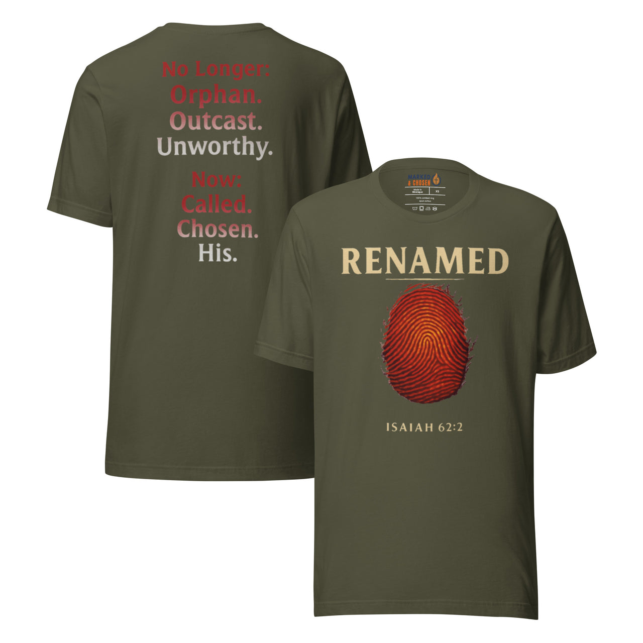 Renamed T-Shirt Military Green flat lay mockup showing front and back fingerprint and word stack design