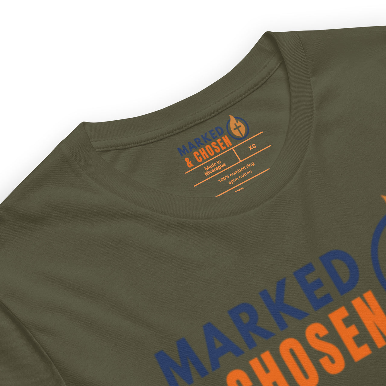 Military green Christian t-shirt – printed neck label for tagless comfort