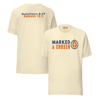 Natural Christian t-shirt by Marked & Chosen – front logo and back scripture in organic tones