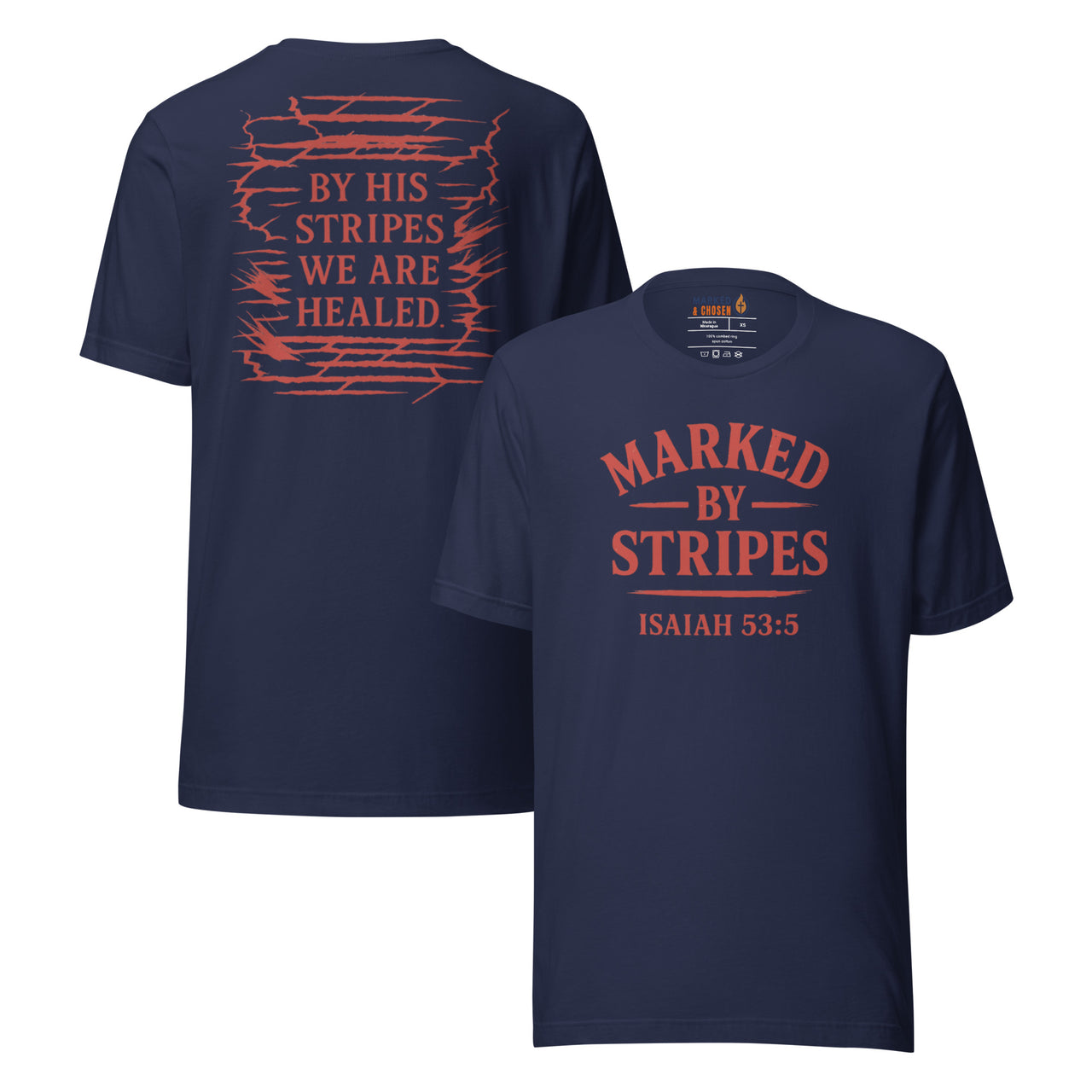 Navy blue Marked by Stripes t-shirt – bold red faith-based front and back graphics
