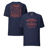 Navy blue Marked by Stripes t-shirt – bold red faith-based front and back graphics