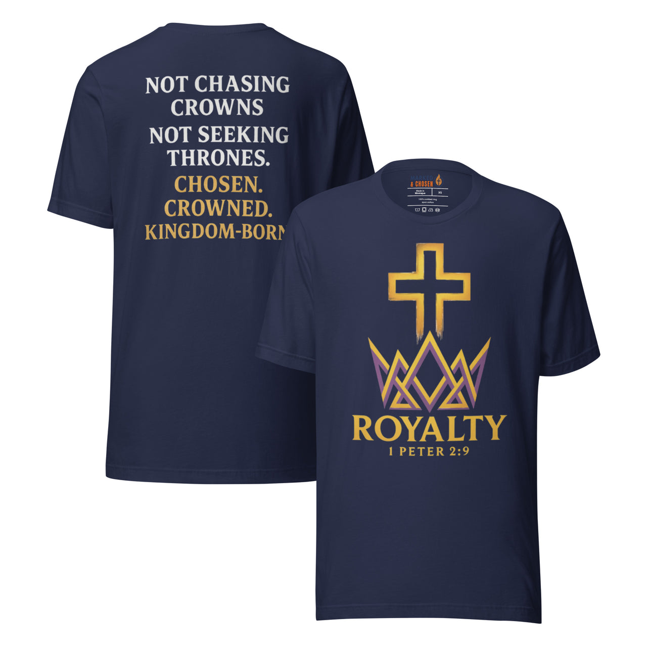 Navy Christian shirt – Kingdom logo front and red back word stack on royalty and calling