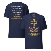 Navy Christian shirt – Kingdom logo front and red back word stack on royalty and calling