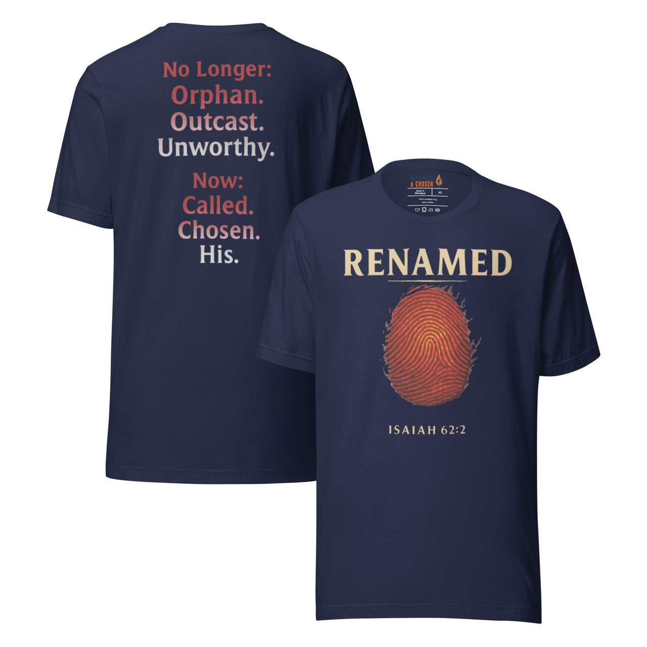 Renamed T-Shirt Navy flat lay mockup showing front and back fingerprint and word stack design