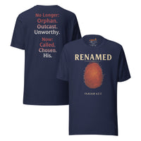 Renamed T-Shirt Navy flat lay mockup showing front and back fingerprint and word stack design