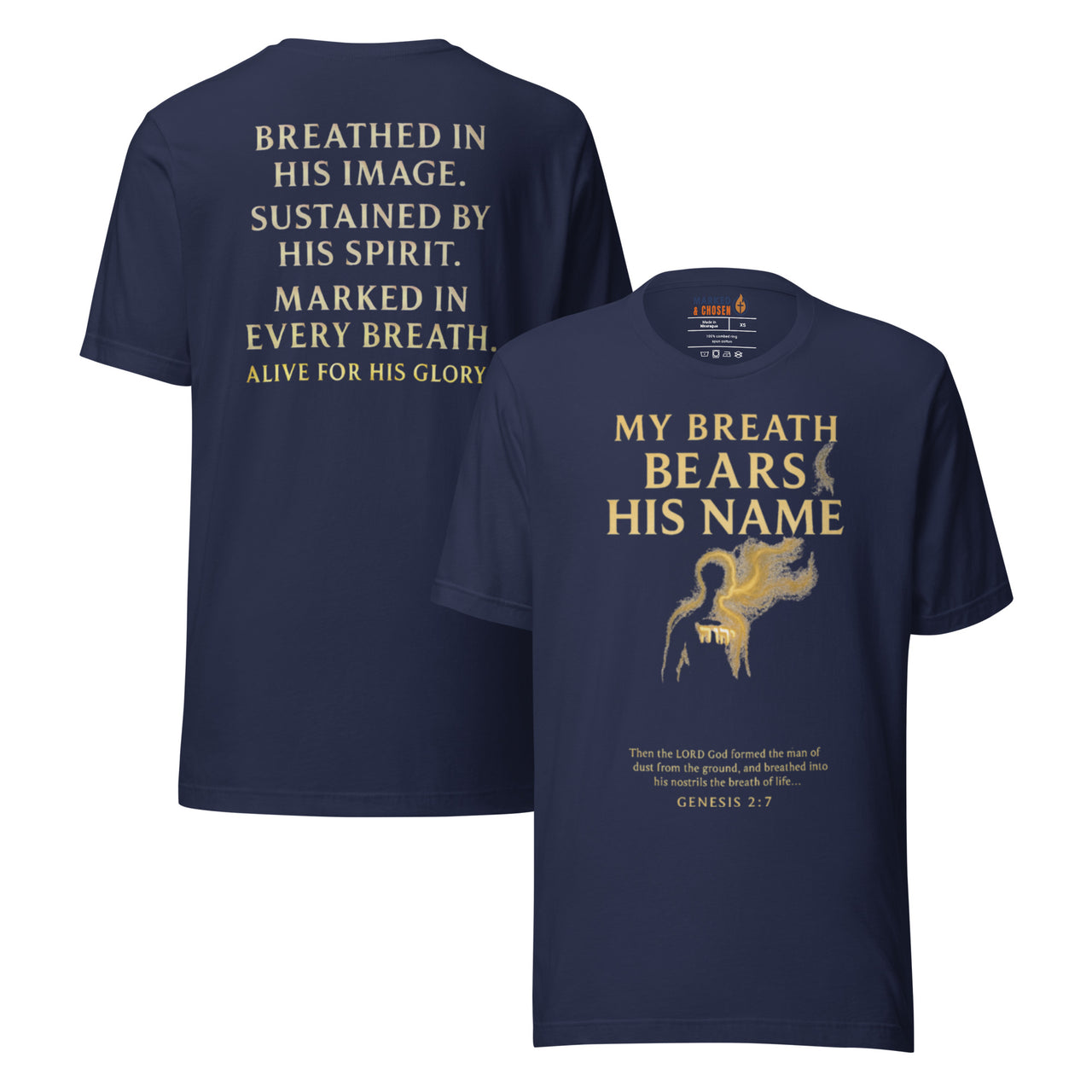 My Breath Bears His Name T-Shirt Navy flat lay mockup showing front and back design