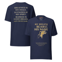 My Breath Bears His Name T-Shirt Navy flat lay mockup showing front and back design