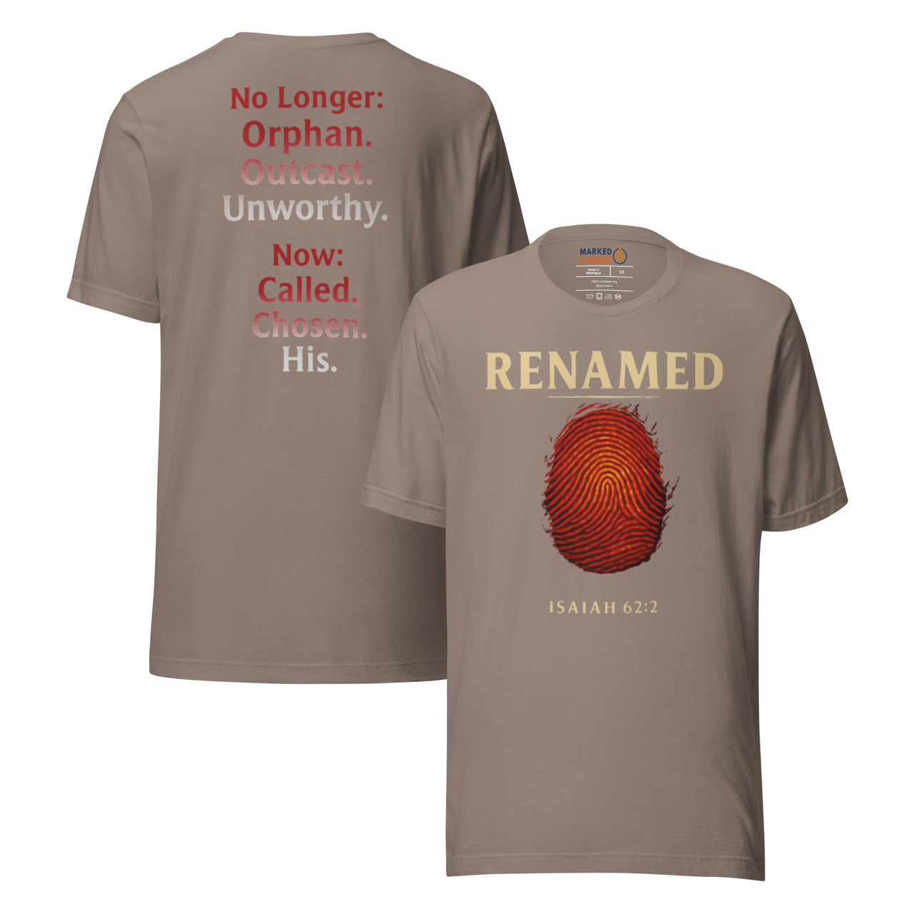 Renamed T-Shirt Pebble flat lay mockup showing front and back fingerprint and word stack design