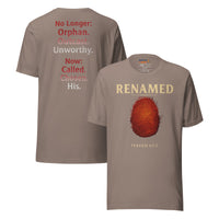 Renamed T-Shirt Pebble flat lay mockup showing front and back fingerprint and word stack design