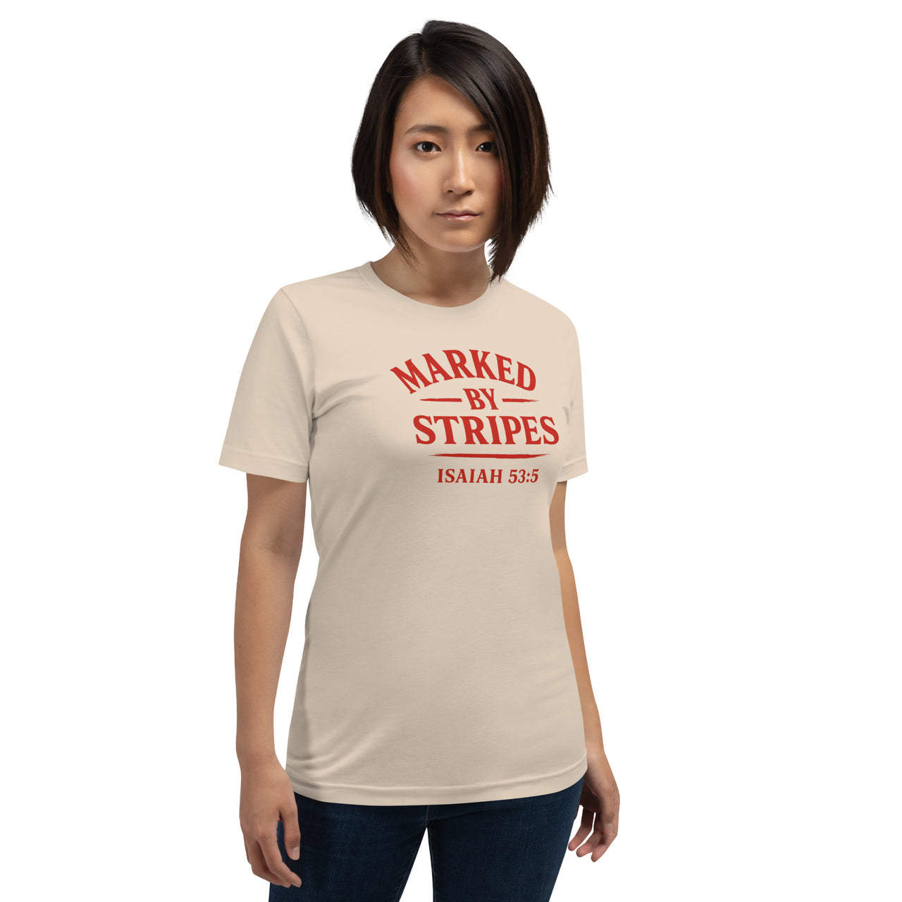 Woman in soft cream Christian shirt – red Marked by Stripes front graphic